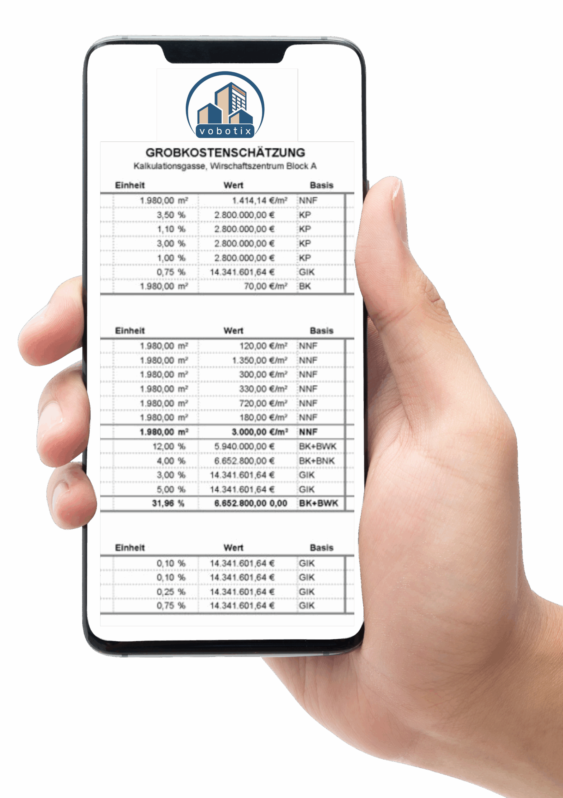 Hand mit Handy auf dem Handy ist die Vobotix Gronkostenschätzung zu sehen